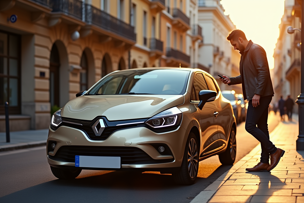 Renault Clio 4 garée en ville au soleil couchant