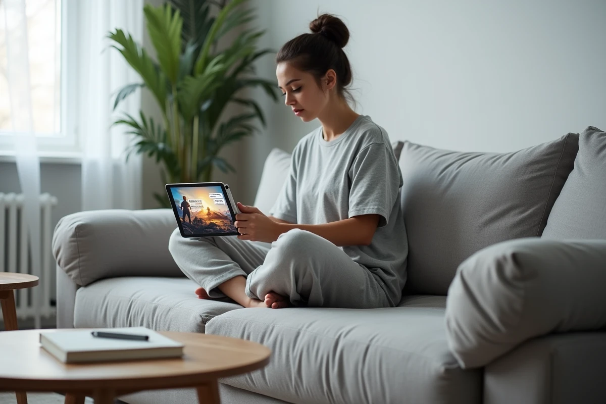 Femme utilisant une tablette pour trouver un code cadeau actif dans Whiteout Survival depuis son salon