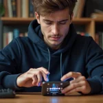 Jeune homme cherchant un code Whiteout Survival actif sur son smartphone à son bureau