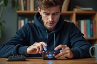 Jeune homme cherchant un code Whiteout Survival actif sur son smartphone à son bureau