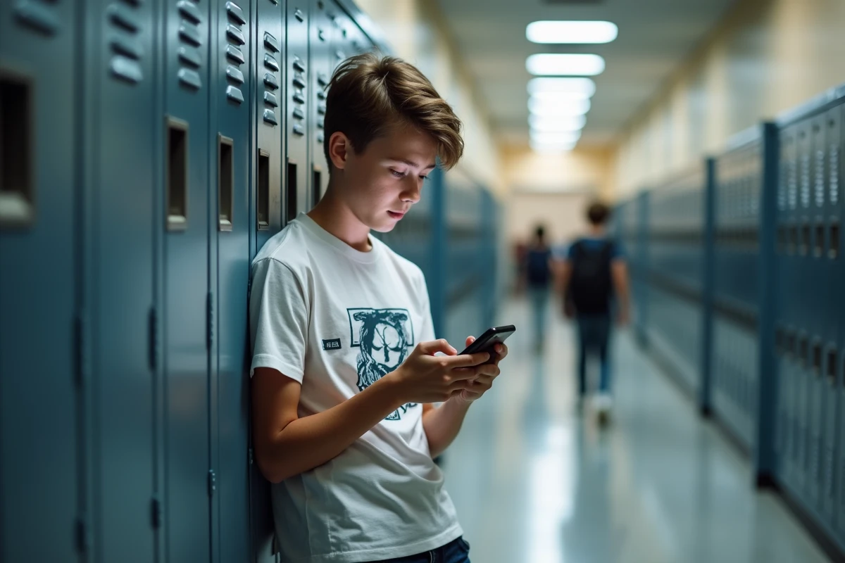 Adolescent consultant son téléphone dans un couloir scolaire pour trouver un code Whiteout Survival valide