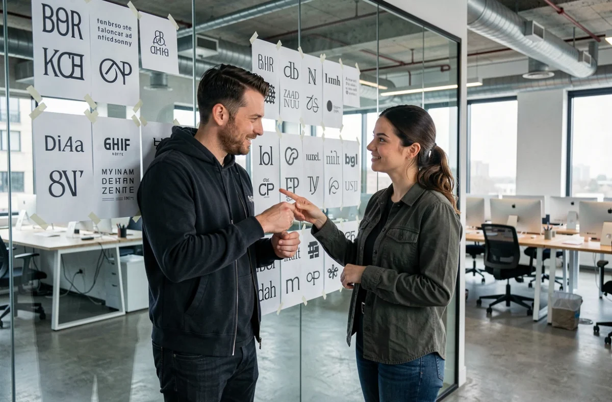 Deux designers collaborant devant un mur de recherches typographiques et de variations de logo dans un studio moderne