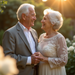 Couple agee souriant dans un jardin pour leur 30e anniversaire