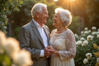 Couple agee souriant dans un jardin pour leur 30e anniversaire