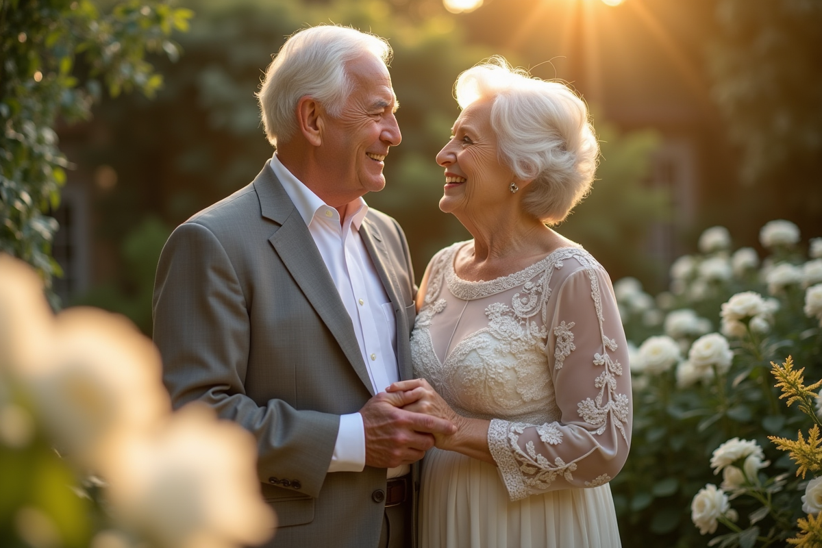 Couple agee souriant dans un jardin pour leur 30e anniversaire