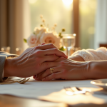 Couple agee tenant la main lors d un repas elegant