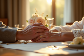 Couple agee tenant la main lors d un repas elegant