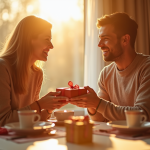 Couple heureux échangeant des cadeaux au petit déjeuner