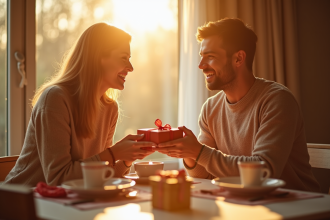 Couple heureux échangeant des cadeaux au petit déjeuner