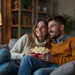 Jeune couple regardant la télévision à la maison