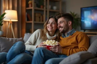 Jeune couple regardant la télévision à la maison