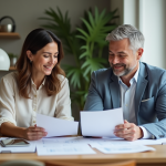 Couple d'adultes souriants examinant des documents de prêt immobilier