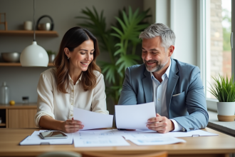 Couple d'adultes souriants examinant des documents de prêt immobilier