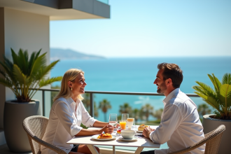 Couple souriant profitant du petit déjeuner à Nice