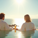 Couple en peignoir blanc profitant d'une vue mer en Normandie