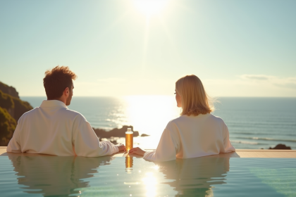 Couple en peignoir blanc profitant d'une vue mer en Normandie
