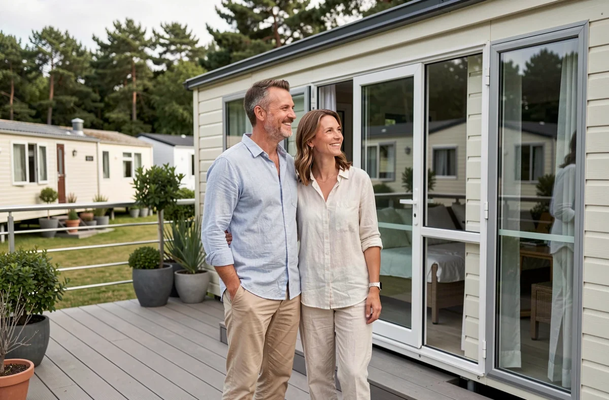 Couple souriant sur la terrasse d'un mobil-home haut de gamme dans un camping, illustrant le potentiel locatif d'un investissement en mobil-home
