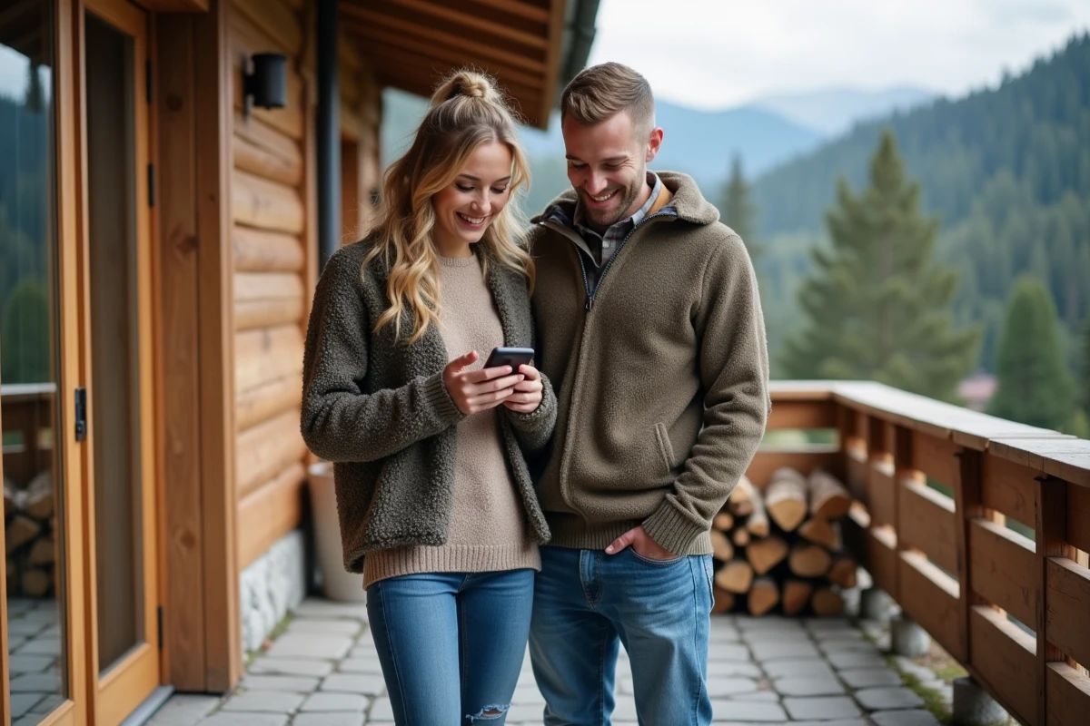 Jeune couple vérifiant dates de réservation dehors