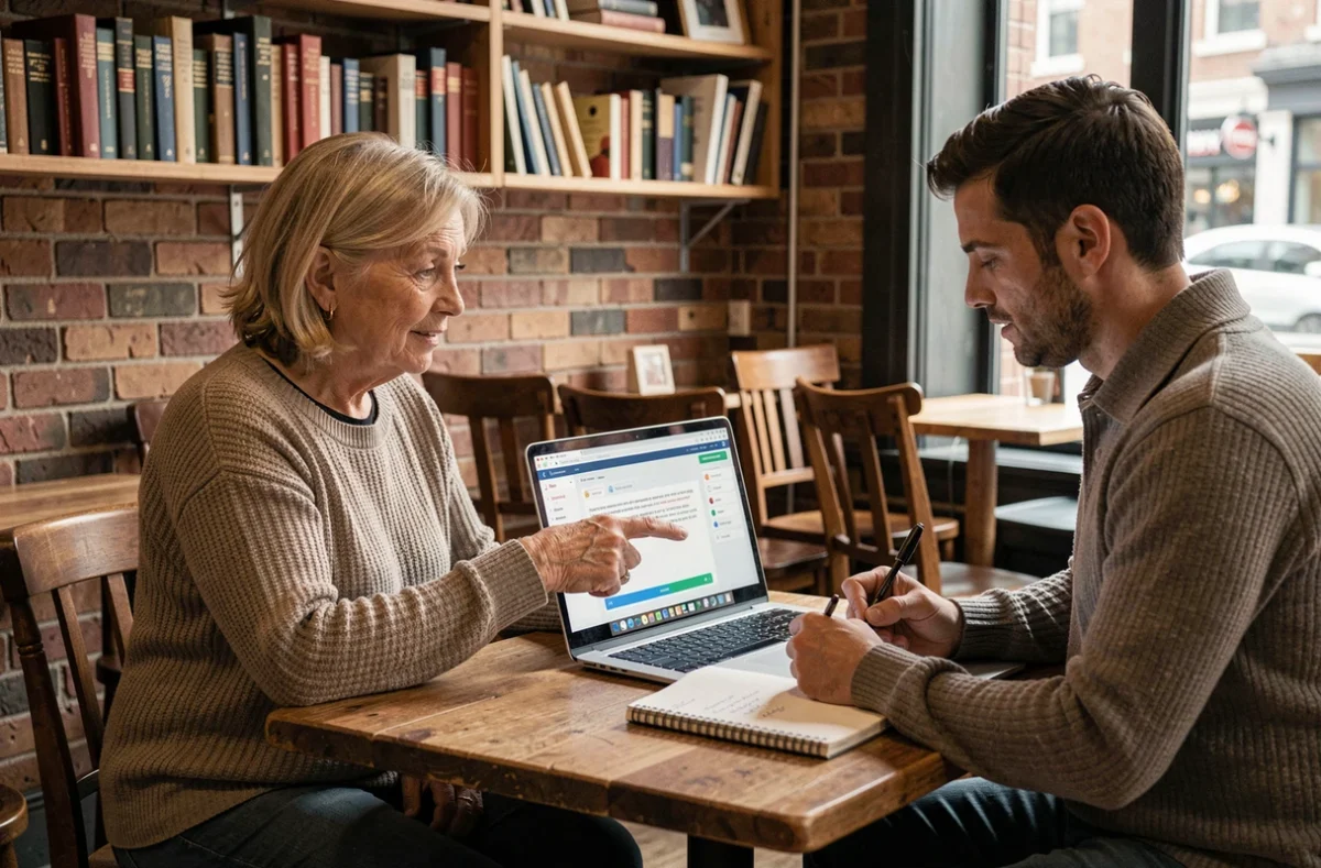 Une femme enseignant une langue à un voisin dans un café de quartier, illustrant l'échange de talents entre particuliers sur Tovaraf
