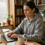 Femme créant un compte en ligne anonymement sur un ordinateur portable depuis son bureau à domicile