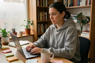Femme créant un compte en ligne anonymement sur un ordinateur portable depuis son bureau à domicile