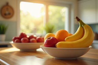 Cuisine ensoleillee avec fruits Ushaped artistiquement presentes
