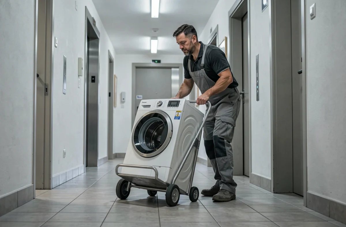 Déménageur utilisant un diable pour déplacer un électroménager dans un couloir d'immeuble