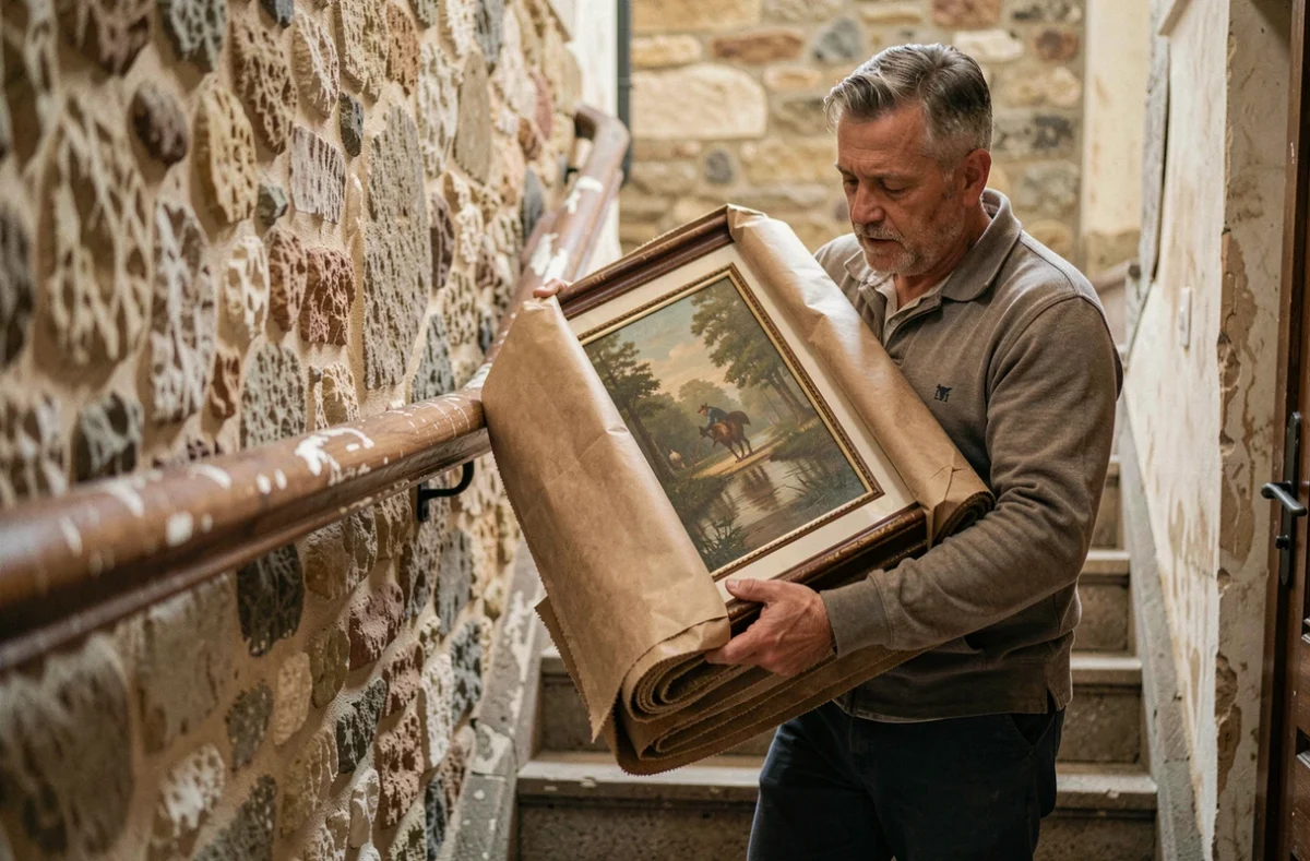 Déménageur transportant une œuvre d'art encadrée dans un escalier en pierre à Soissons