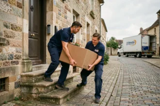 Deux déménageurs professionnels portant un carton devant une maison en pierre dans l'Aisne