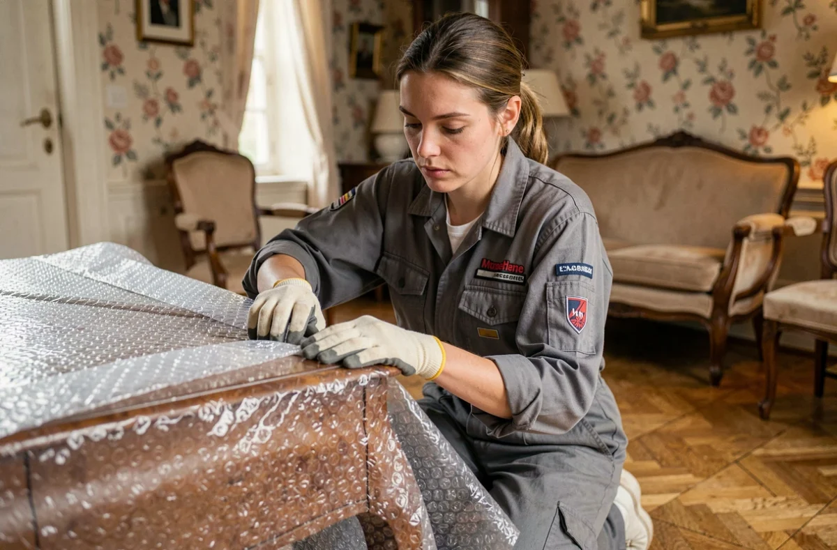 Déménageuse emballant des meubles anciens avec soin dans un appartement de l'Aisne