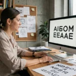 Designer graphique travaillant sur des concepts de logo avec une typographie géométrique moderne dans un studio créatif