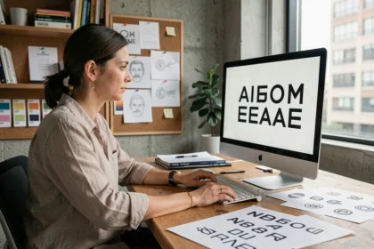 Designer graphique travaillant sur des concepts de logo avec une typographie géométrique moderne dans un studio créatif