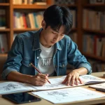 Jeune homme koreen dessinant un manhwa dans son studio