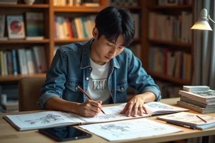 Jeune homme koreen dessinant un manhwa dans son studio