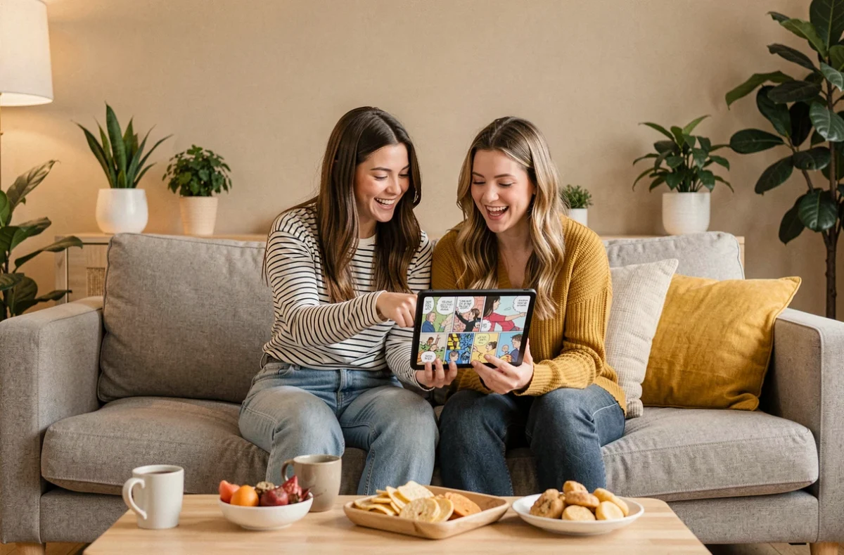 Deux jeunes femmes adultes découvrant ensemble des scans de manga yaoi en VF sur une tablette dans un salon cosy