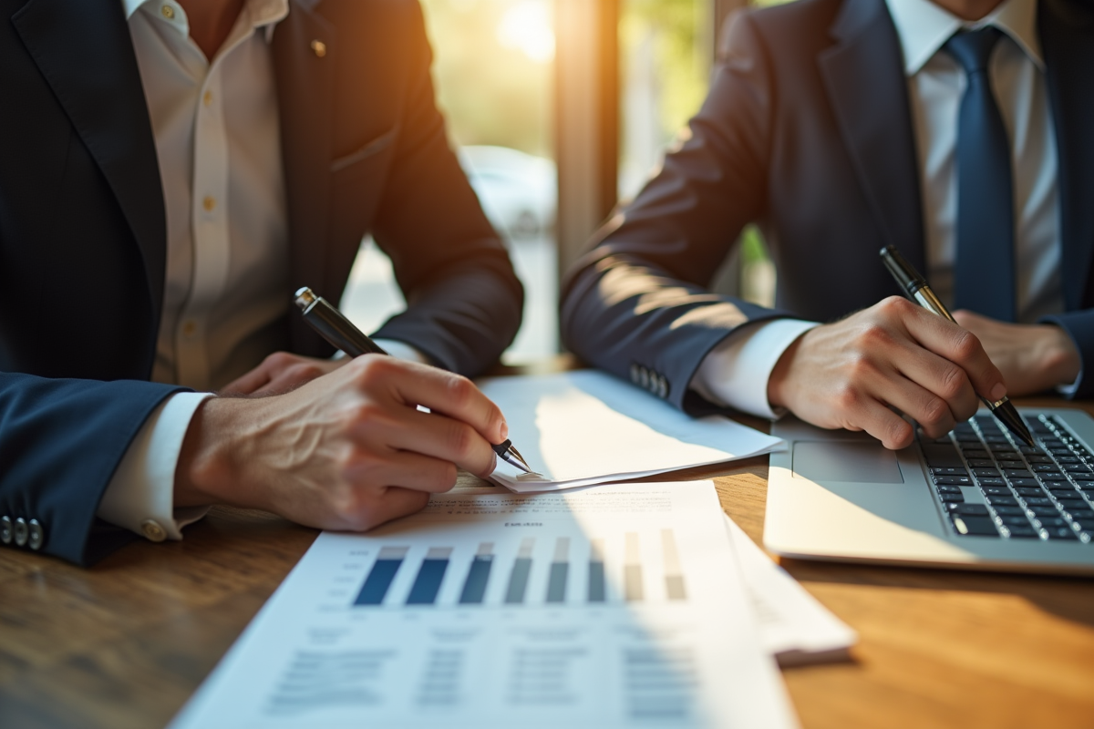 Deux personnes discutant de documents avec graphique de salaire