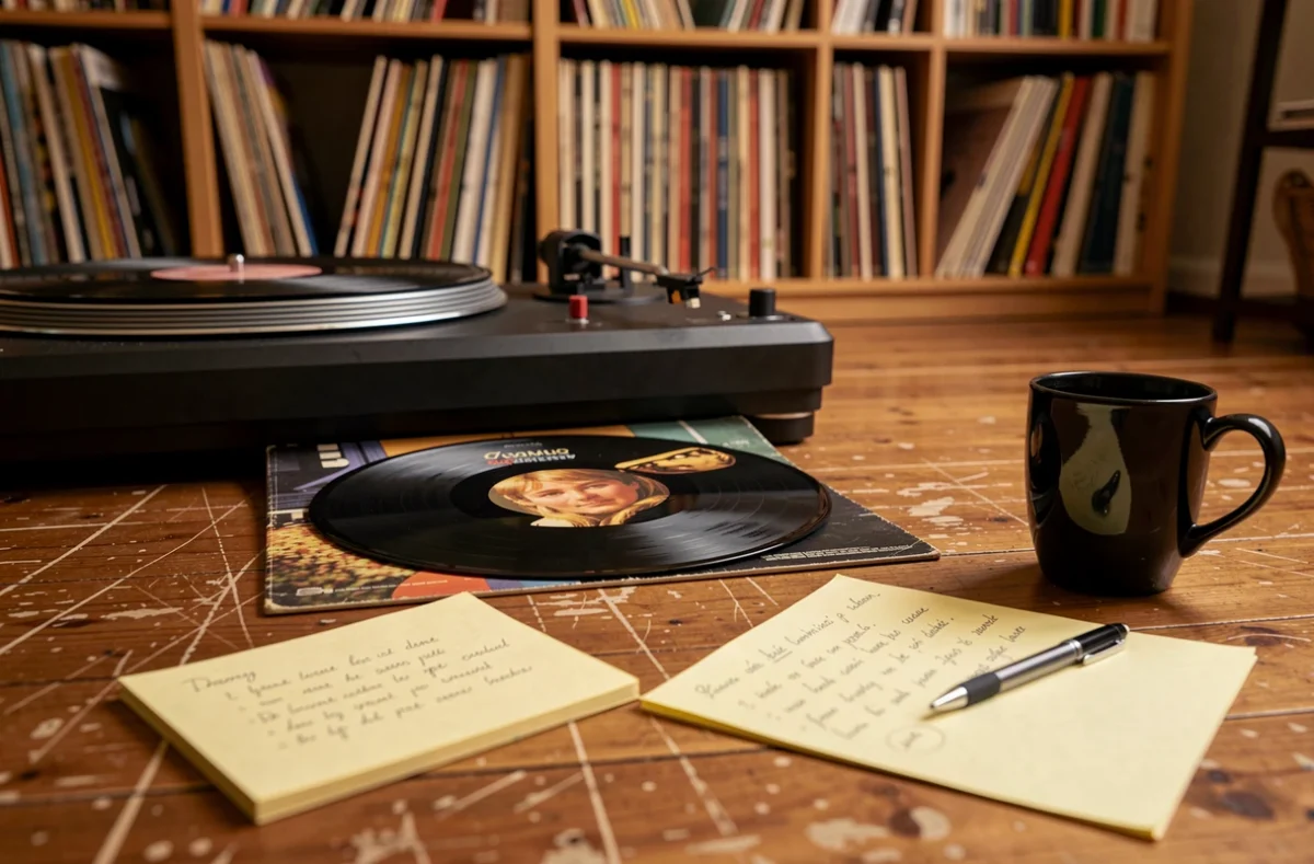 Pochette de disque vinyle chanson française posée sur un plancher bois entourée de notes comparatives de paroles évoquant les versions de Renaud