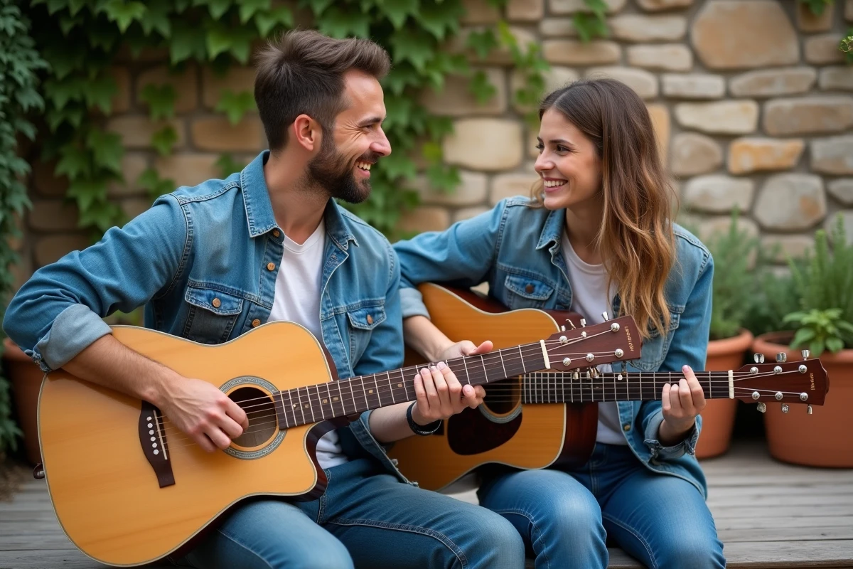 Deux amis guitaristes sur une terrasse rustique apprenant ensemble les accords et le rythme lent de Je Te Promets