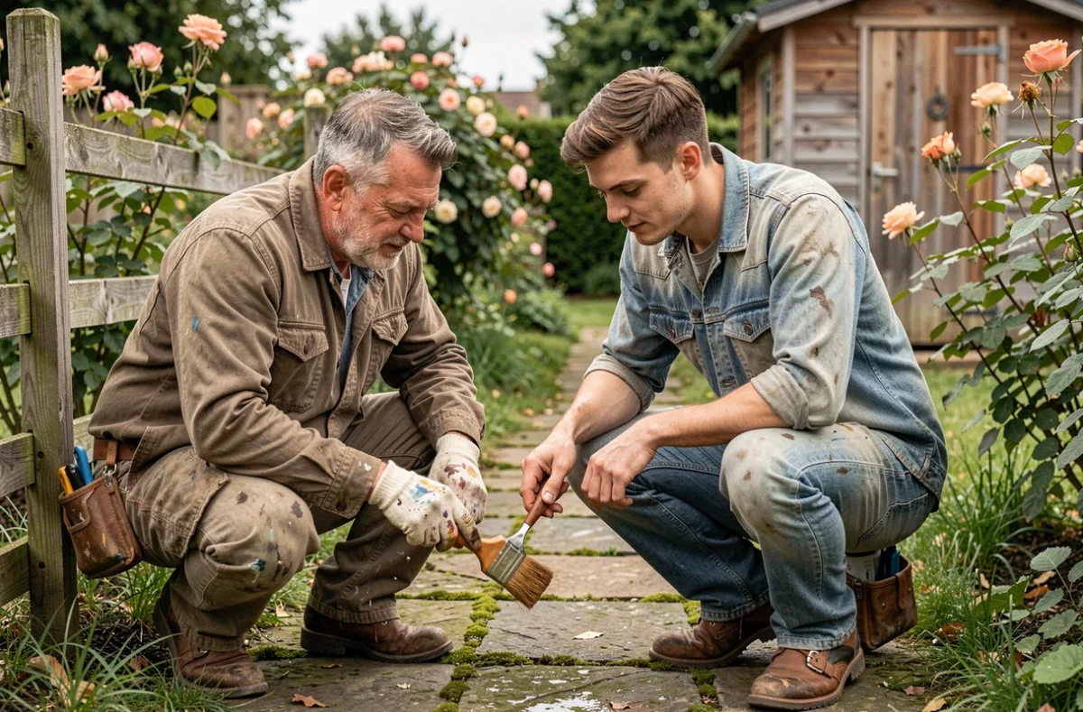 Deux hommes partageant des compétences en bricolage dans un jardin de banlieue, représentant l'échange de savoir-faire entre particuliers