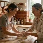 Deux femmes échangeant leurs talents culinaires dans une cuisine conviviale, illustration de l'entraide de voisinage via Tovaraf