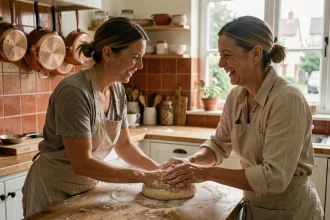 Deux femmes échangeant leurs talents culinaires dans une cuisine conviviale, illustration de l'entraide de voisinage via Tovaraf