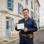 Électricien professionnel devant un bâtiment typique de La Rochelle, représentant le top 10 des électriciens de la ville