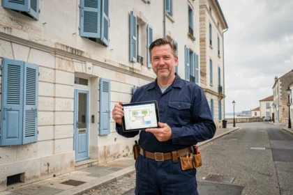Électricien professionnel devant un bâtiment typique de La Rochelle, représentant le top 10 des électriciens de la ville