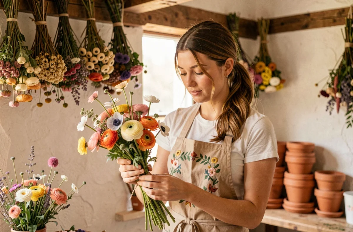 Artisan fleuriste d'Em'ille et une Fleurs en Mayenne assemblant à la main un bouquet délicat de renoncules et d'anémones