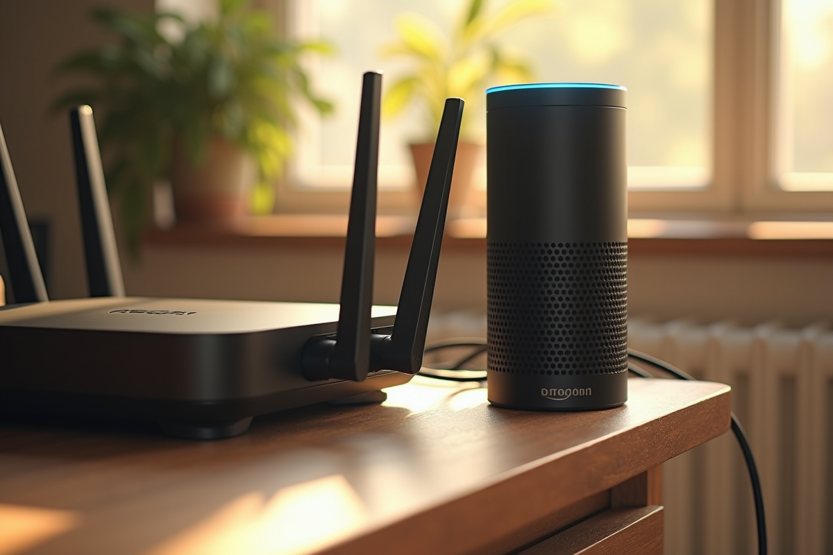 Gros plan sur enceinte Echo et routeur WiFi avec câbles