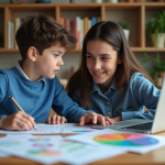 Garçon de 10 ans avec sa mère examinant des documents financiers à la maison