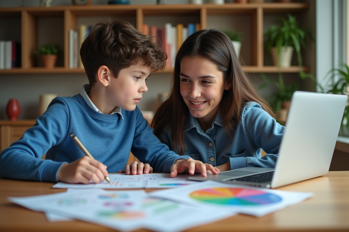 Garçon de 10 ans avec sa mère examinant des documents financiers à la maison