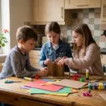 Trois enfants concentrés autour d'une table en bois couverte de matériaux créatifs lors d'un mercredi après-midi à la maison