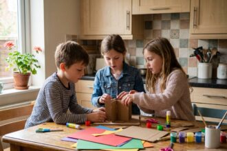 Trois enfants concentrés autour d'une table en bois couverte de matériaux créatifs lors d'un mercredi après-midi à la maison