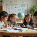 Quatre enfants de différentes cultures en classe avec livres et globe
